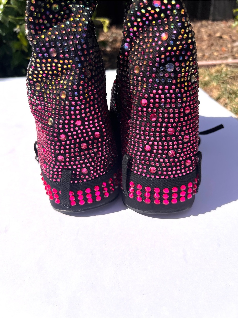Rainbow Rave Boots Black Denim w/ Zipper. 5” Platform Wedge Ombre Rhinestones - Picture 12 of 17